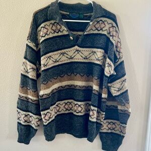 Vintage Nordic style striped gray grandpa sweater, Etchings brand